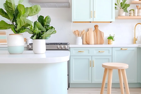 interior of modern kitchen with green plants and white furniture, nobodyの写真素材