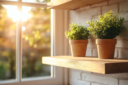 Wooden shelves with plants on windowsill at home, closeupの写真素材