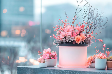 Bouquet of flowers in a vase on the background of the city