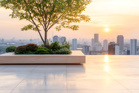 Flower pot on the terrace with cityscape background at sunriseの写真素材