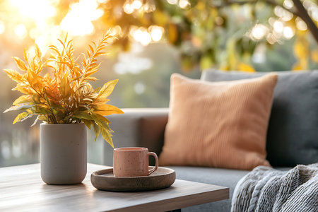 Coffee cup on wooden table in living room, stock photoの写真素材