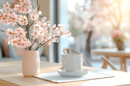 Cup of coffee and blooming sakura branches on table in cafe