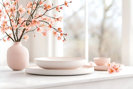 Plate and vase with beautiful sakura flowers on windowsill