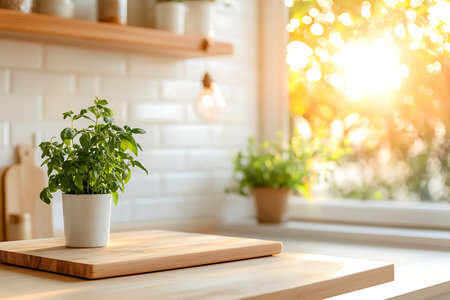 Basil plant in pot on wooden table in modern kitchen interior.の写真素材