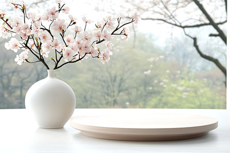 Wooden round podium with beautiful cherry blossom in vase on tableの写真素材
