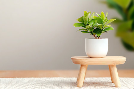 Plant in white pot on wooden table in living room, stock photoの写真素材