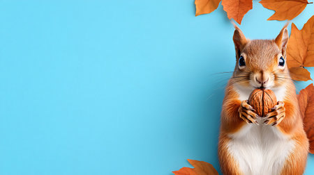 Cute red squirrel with autumn leaves on blue background, top viewの写真素材