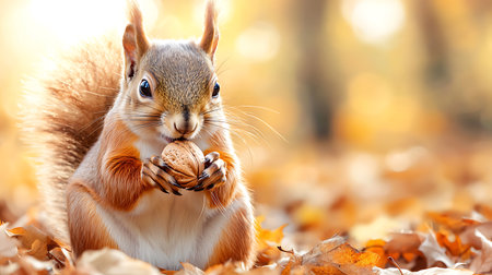 Squirrel with nut in autumn forest. Beautiful animal in nature.の写真素材