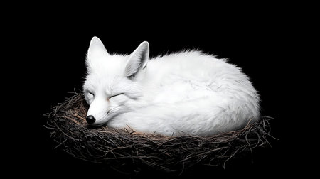 White Fox in Nest Isolated on Black Background with Clipping Path