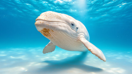 White whale swimming underwater in the ocean. 3D rendering. Underwater world.