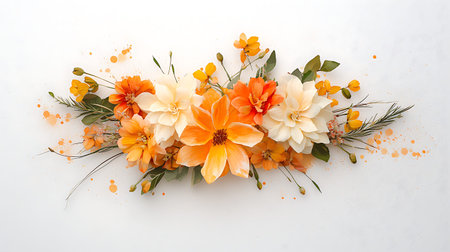 Flower arrangement on white background, top view. Flat lay.の写真素材