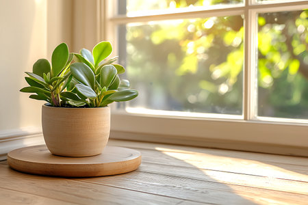 Plant in a pot on a wooden table near the window.の写真素材
