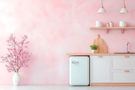 Interior of modern kitchen with pink wall and white cupboard.の写真素材