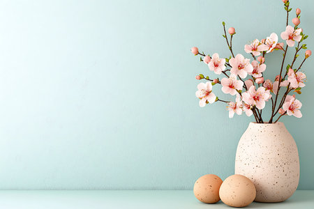 Easter eggs and spring flowers in vase on blue wall backgroundの写真素材