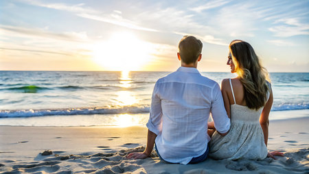Romantic couple sitting on the beach and looking at the sunset.の写真素材