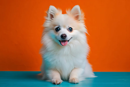 Cute Pomeranian Spitz dog on a orange background.の写真素材