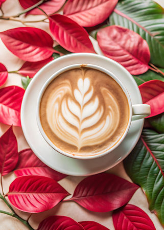 Coffee latte art in white cup with red leaves backgroundの写真素材