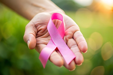 Breast cancer awareness ribbon in woman hand on green nature background.の写真素材