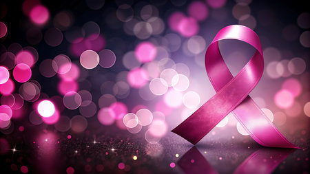 Breast Cancer Awareness Ribbon. Realistic pink ribbon on bokeh background.の写真素材