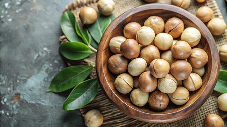 Bowl with macadamia nuts on grey table, closeup