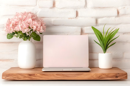 Laptop with blank screen on wooden shelf on white brick wall backgroundの写真素材