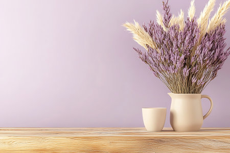 Vase with lavender flowers on wooden table. 3d renderの写真素材