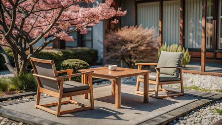 Wooden table and chairs in a garden with cherry blossom treesの写真素材
