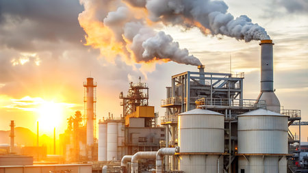 Refinery plant at sunset, chemical industry in Europe. Industrial landscape