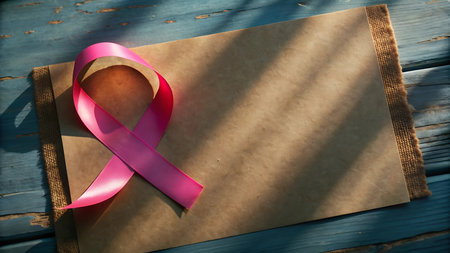 pink ribbon on old paper and blue wooden background, breast cancer awareness conceptの写真素材
