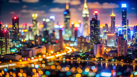 Shanghai cityscape at night with light bokeh,China.の写真素材