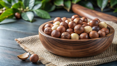 Macadamia nuts in wooden bowl on wooden table, stock photoの写真素材