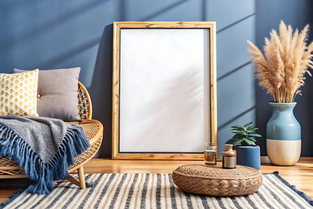 Mock up poster frame in modern living room interior, 3d renderの写真素材