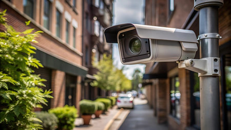 Security CCTV camera or surveillance system in a city street, close up