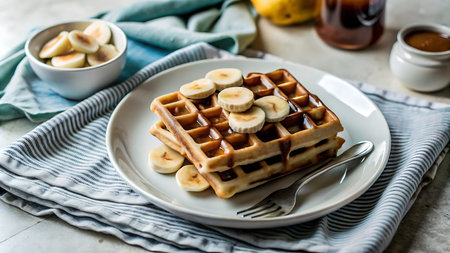 Homemade Belgian Waffles with Bananas and Honey, square imageの写真素材