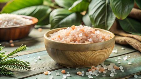 Bowl with bath salt on wooden table, closeup. Spa treatmentの写真素材