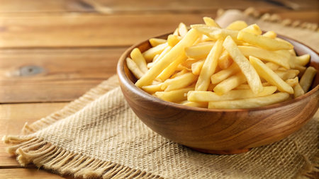 Golden French fries potatoes in a wooden bowl on a burlap background