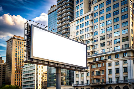 Blank white billboard on city street with cityscape background for advertisement.の写真素材