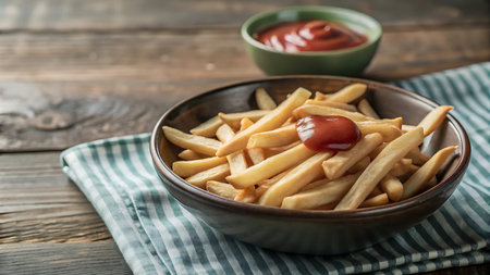 French fries in bowl with ketchup on wooden table, closeup