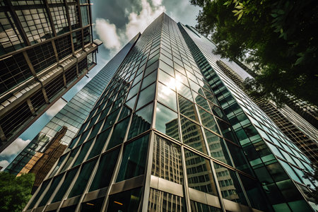 Low angle view of modern skyscrapers in downtown Manhattan, New York City.