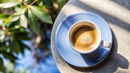 Cup of coffee on the terrace of a cafe in the morningの写真素材