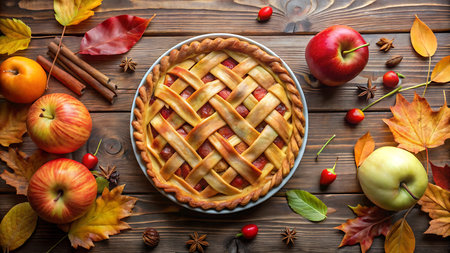 Homemade apple pie on a wooden background with autumn leaves and applesの写真素材