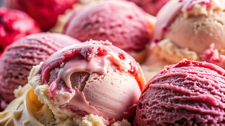 Scoops of ice cream with strawberry, vanilla and chocolate.の写真素材