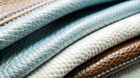 Close up of blue and white leather samples. Selective focus.