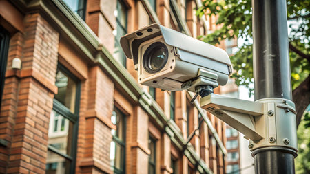 CCTV security camera or surveillance system on street in the city.