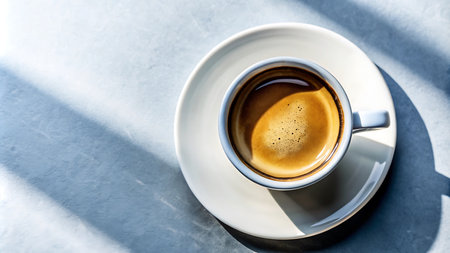 Cup of coffee on the table in morning sunlight. Top view.の写真素材