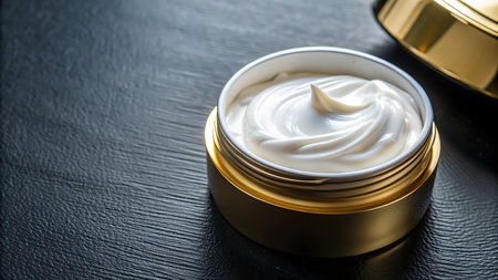 Cosmetic cream in a golden jar on a black background closeupの写真素材