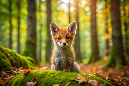 Cute fox sitting on moss in autumn forest. Beautiful animal portrait.の写真素材