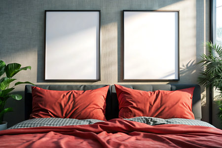 Two vertical posters on the wall in the bedroom. 3d renderingの写真素材