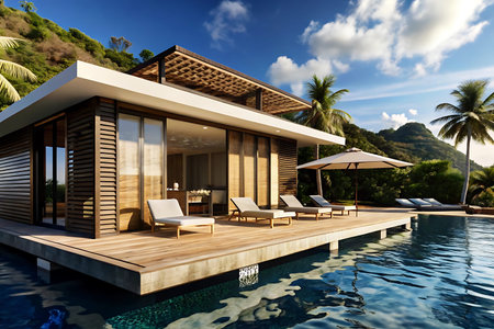 3d rendering of modern cozy house with pool and parking for sale or rentの写真素材