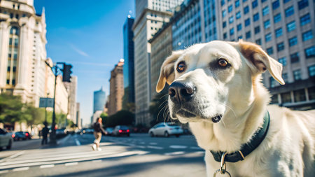 Labrador retriever dog in New York City, USA. Street viewの写真素材